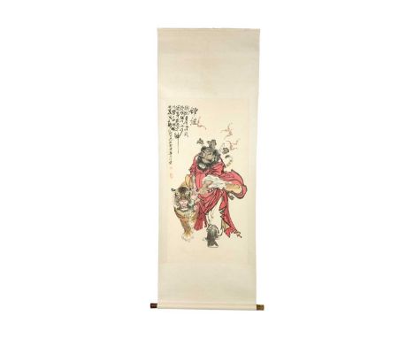 A Chinese painted scroll depicting a warrior and tiger, early 20th century. 'Pretending to be a god of death', with calligrap