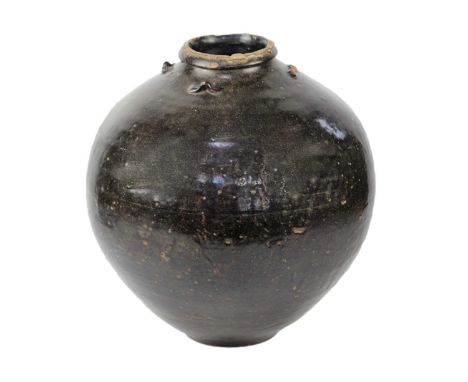 A Chinese martaban ovoid tapering jar, Ming Dynasty, Seal mark, with four lug handles and dark brown glaze, height 37.5cm, wi