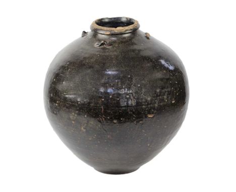 A Chinese martaban ovoid tapering jar, Ming Dynasty, Seal mark, with four lug handles and dark brown glaze, height 37.5cm, wi