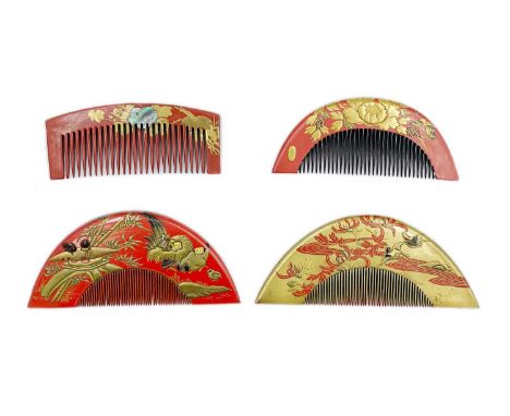 A Japanese red, gold and black lacquered comb, Edo period. Decorated with chickens and bamboo with a fruiting, leafy branch a