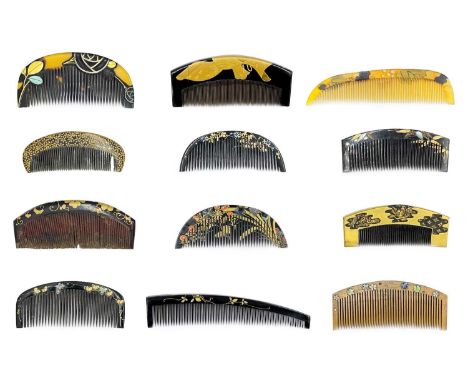 A Japanese wood comb, Meiji period, signed. With mother-of-pearl and gold wire inlay, 3.8 x 9.2cm; a Japanese gold lacquer co