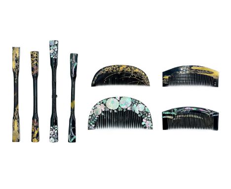 A Japanese black lacquer & mother-of-pearl comb & kogai, circa 1930's. Comb 10cm, kogai 16cm; a Japanese comb, decorated with