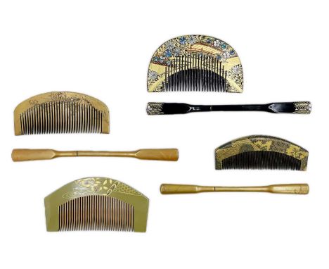 Four Japanese gilt lacquer and metal combs and three kogai. Each cased, with silver and mother-of-pearl decoration, largest c