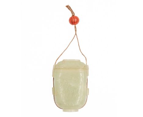 A Chinese jade inro, late Qing Dynasty, circa 1900. With opposing central panels of foliage, height 5.3cm, width 3.2cm, depth