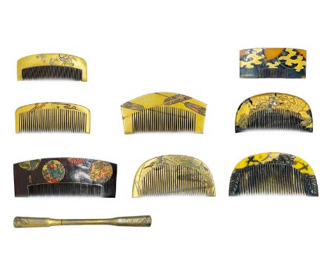 A Japanese gold lacquer comb, Meiji period. Decorated in relief with a dragon, 4.5 x 9cm; a 1920's bakelite style comb, 5 x 1