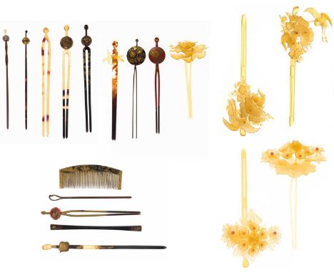 Sixteen Japanese lacquer and tortoishell kanzashi, 19th/20th century. A black lacquer kogai, signed, length 12.5cm and a gilt