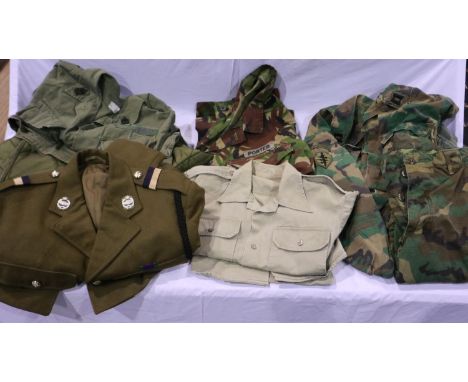 US military uniform shirts, trousers and coats, including examples marked USMC, USN, and US Army, most 1970s-90s, some named 