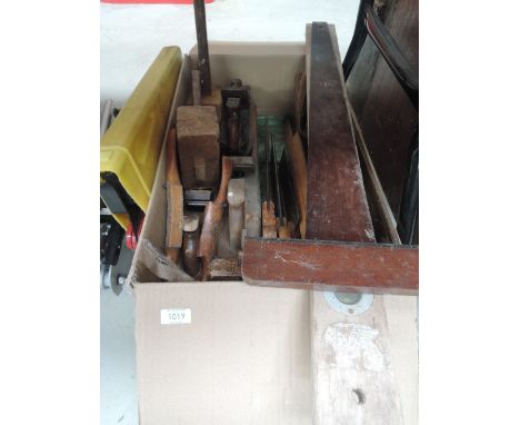 A selection of early wood working beech block jack and similar planes and tools