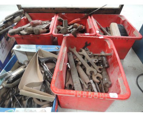 Five boxes of various tools including Stanley plane and spanner sets