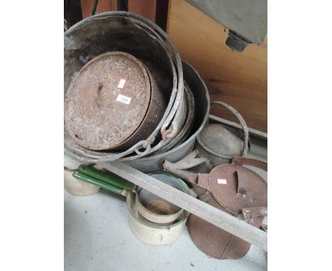 A selection of galvanised buckets and enamel kitchen wares