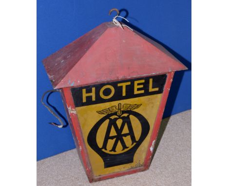 A mid 20th Century Automobile Association (AA) hotel light sign painted red with glass panels (side panel broken) 80cms high.