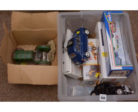 A Mettoy tinplate tractor; Joal compact digger; and other diecast vehicles.