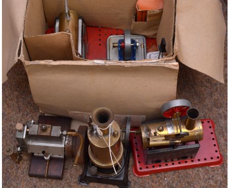 Mamod platform live steam engines, one with chimney; a brass platform live steam engine by C.K. Trademark; and a scratch-buil