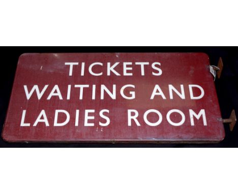 Midland railways enamel sign inscribed "Tickets waiting and ladies room", double sided, 96cms x 46cms.