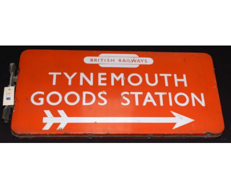 British railways North Eastern region enamel sign for "Tynemouth Goods Station", double sided, 74cms x 34cms.