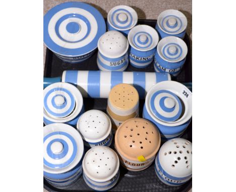 TG Green Cornish Kitchen Ware, to include: two unmarked jars, flour, salt and sugar shakers, a rolling pin, baking powder, cr