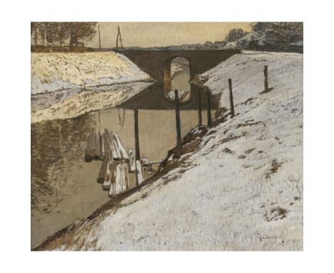 Max Clarenbach1880 Neuss - 1952 KölnWinterlandschaft am NiederrheinKanal mit Brücke, im Horizont eine Stadtsilhouette. R. u. 