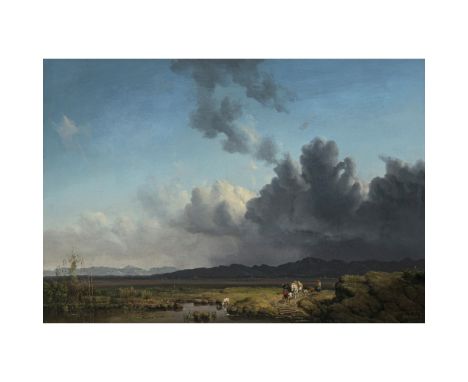 Heinrich Bürkel1802 Pirmasens - 1869 MünchenVorgebirgslandschaft bei aufziehendem Gewitter (Murnauer Moos)R. u. signiert. Öl 