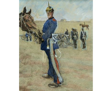 Eduard Thöny1866 Brixen - 1950 Holzhausen/AmmerseeBayerischer Offizier mit seinem PferdIm Hintergrund weitere Soldaten mit Ka
