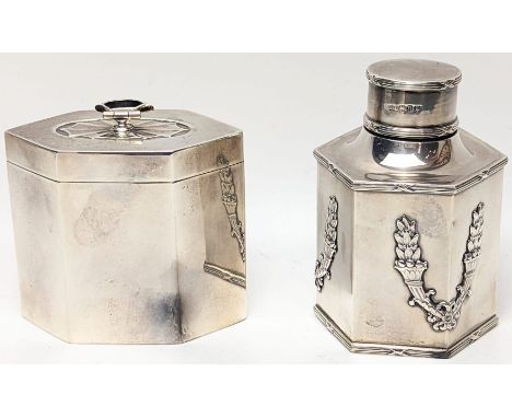 An Edwardian silver hexagon tea caddy, appliques to body, hallmarked London, 1908, maker CD (possibly Charles Henry Dumenil),