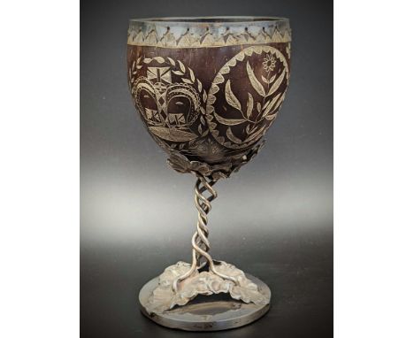 An unusual silver mounted coconut goblet depicting etched Irish Harp, Shamrocks, Royal Crown, Sunflowers and Irish-Union Jack