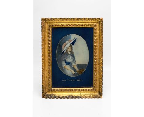 An 19th century reverse glass painting, Oyster Girl, mounted on panel within giltwood frame,  H.17cm W.11.5cm (glass size)