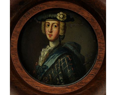 A miniature portrait of Charles Edward Stuart (The Young Pretender), mounted in original frame and stand. Provenance: Loxley 