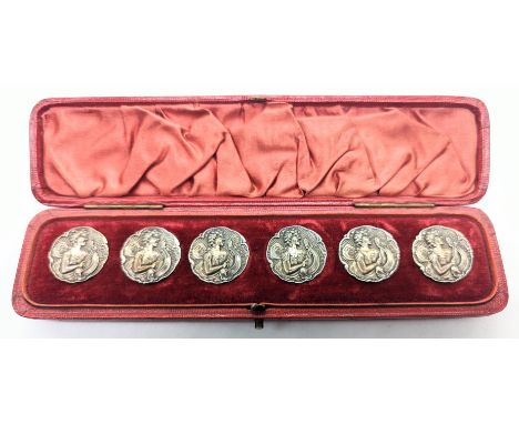 A set of 6 Art Nouveau silver buttons depicting a maiden playing a harp, within original red box, hallmarked Birmingham, 1901