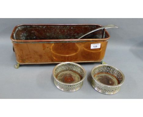 Metal wares to include a copper and brass rectangular planter, a pair of Epns wine coasters and a soup ladle, (4) 