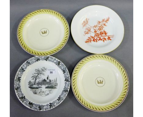 Leeds pottery plate, circa 1800, with black printed swan and river pattern, together with two Wedgwood cream ware plates with
