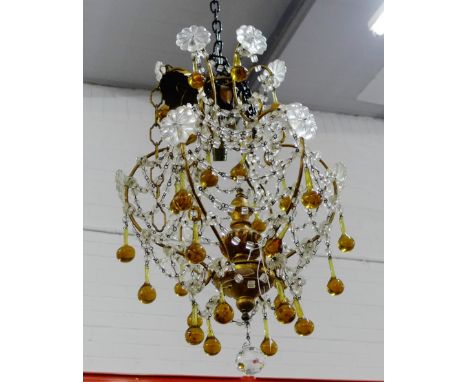 Gilt wood light fitting with amber glass drops, approx 70cm long