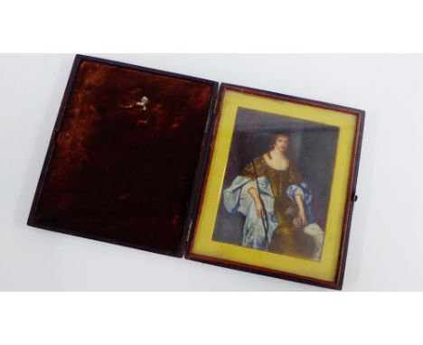 Portrait miniature of a Lady, under glass and within a leather case, 10 x 12cm 