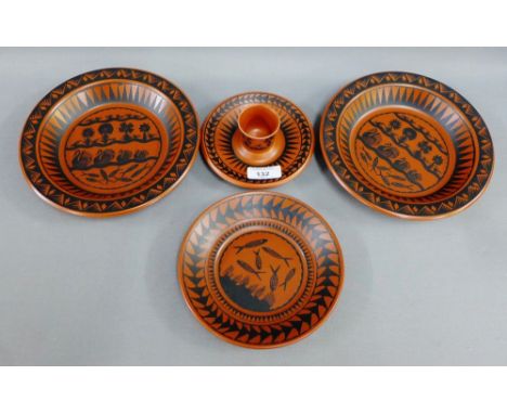 Collection of Scottie Wilson Royal Worcester crown ware to include two bowls, a side plate and an egg cup, (4) 