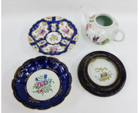 Worcester Beckoning Chinaman pattern teapot (with rivets and lid lacking) together with Worcester pot lid and two plates, all