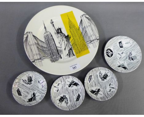 Poole pottery 'Statue of Liberty' plate, together with four Ridgeway potteries 'Homemaker' saucers, (5) 
