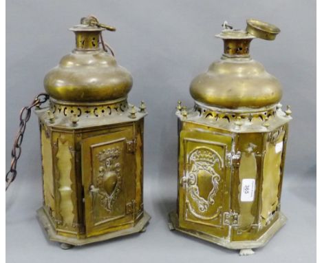 Two brass hanging light lanterns, 37cm long (2) 