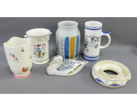 Collection of retro vases to include Crown Ducal, Portobello Pottery, etc., together with a Wry pottery duck, (6) 