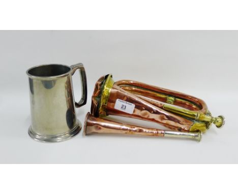 Kohler &amp; Son horn, a copper and brass bugle and a pewter tankard (3) 