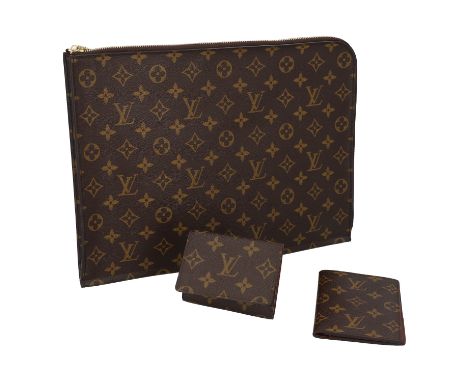 LOUIS VUITTON Konvolut, Koll.: 2013, 2009 und 2013. Aktenmappe, Cardholder und Etui. Monogram Canvas Serie mit goldfarbener H