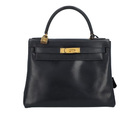 HERMÈS VINTAGE Handtasche "KELLY BAG 28". Koll. 1973. Klassisches Modell aus Glattleder in Dunkelblau mit goldfarbener Hardwa