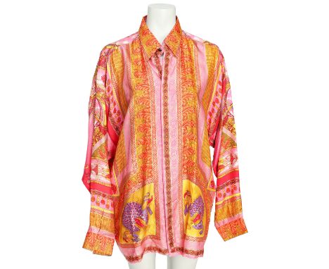 GIANNI VERSACE VINTAGE Hemd "MARCO POLO", Gr. 50. 100% Seide. Pinkfarbenes Modell mit Details in Orange, Rot und Lila, reich 