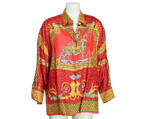 GIANNI VERSACE ATLIER VINTAGE Hemd, Gr. 36. Herstellergröße 42. 100% Seide. Barockes Design mit Multicolor mit goldfarbenen D