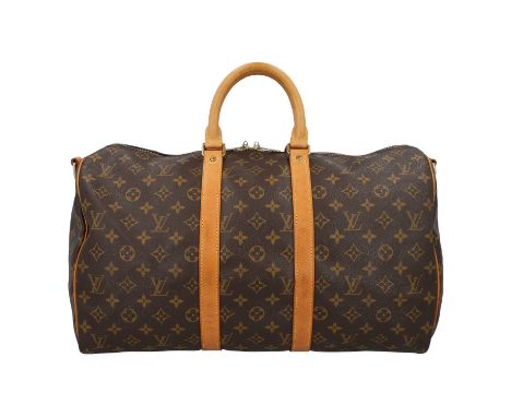 LOUIS VUITTON VINTAGE Weekender "KEEPALL 45". Koll. 1997. Monogram Canvas Serie mit naturbelassenem Leder (starke Patina) und