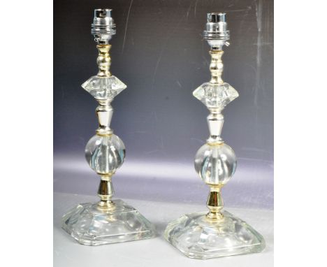 A pair of vintage early 20th Century Art Deco glass &amp; lucite table lamps having faceted diamond shaped glass knop with lu