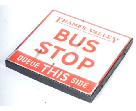 Bus Stop - Thames Valley - A retro vintage 20th Century English enamel porcelain bus stop sign in red and white with a black 