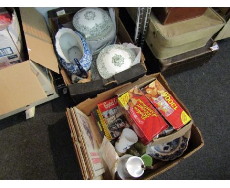 Two boxes of mixed ceramics including blue and white twin handled vase, various tureens, meatplates, cups and saucers etc.