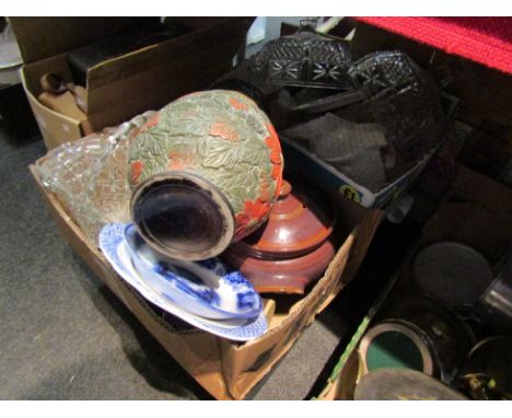 Mixed ceramics and glassware including tea service, blue and white, stoneware casserole, glass basket, etc