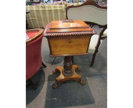 A William IV walnut pedestal tea caddy, gadrooned top over beaded rim to a heavily carved column to quatreform lion paw foot 