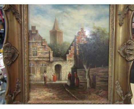 R. FAINELLO: A 19th Century style oil on board of a townscape.  Gilt framed.  28.5cm x 23.5cm