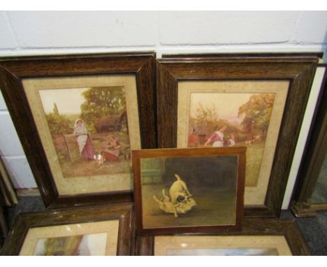 Four framed prints of Highland cattle etc and a painted over print of a pair of dogs fighting